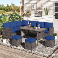 Patio Furniture Set with Cover, 7 Pieces Outdoor Sectional Sofa Conversation Set All Weather Wicker Rattan Couch Dining