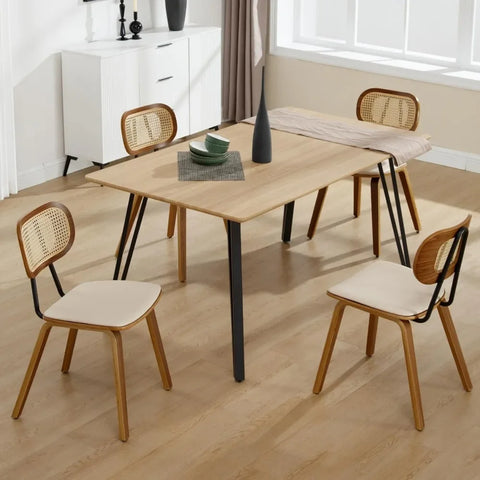 Dining Chair Set of 4 with Rattan Backrest, Wooden Legs, PU Leather Armless Guest Side Chairs, Mid-Century Dining Chair