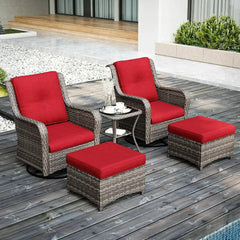 5 Piece Outdoor Patio Furniture Set Wicker Conversation Bistro Set Swivel Rocking Chairs with Side Table & Ottomans for Backyard