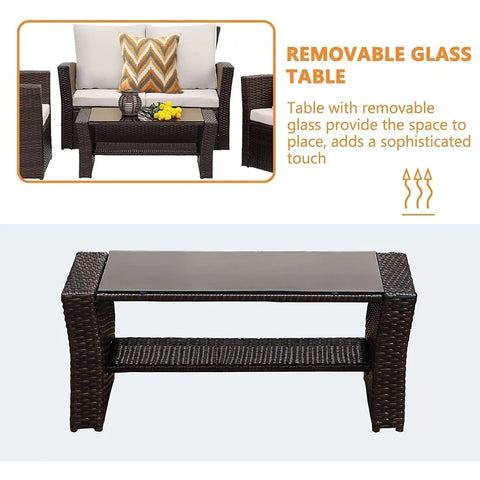 4 Piece Patio Furniture Sets, All-Weather Wicker Conversation Sets,Outdoor Rattan Sectional Sofa Chair Cushions and CoffeeTable