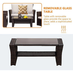 4 Piece Patio Furniture Sets, All-Weather Wicker Conversation Sets,Outdoor Rattan Sectional Sofa Chair Cushions and CoffeeTable