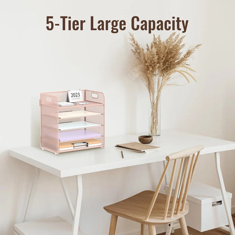2 Pack 5-Tier Pink Desk Organizer with Handle Mesh Desk File/Paper Organizer Letter Tray for Office, and Home Easy Installation