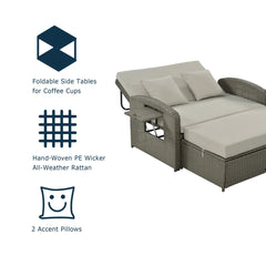 PE Wicker Rattan Double Chaise Lounge, 2-Person Reclining Daybed with Adjustable Back and Cushions, Free Furniture Protection