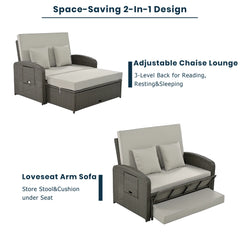 PE Wicker Rattan Double Chaise Lounge, 2-Person Reclining Daybed with Adjustable Back and Cushions, Free Furniture Protection