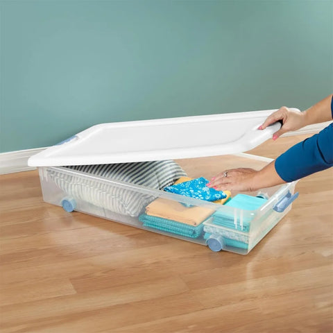 12-Pack Latching Box, Under Bed Storage Bins with Lids, Clear Plastic, 56 Quart