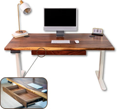 |Standing Desk – Walnut Solid Wood Desk, |Live Edge Adjustable Height Desk, Dual Motor Sit Stand Desk for Home Office