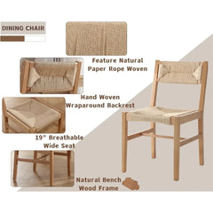 Dining Chair Set of 4 with Weave Hemp Seat and Back Armless Wicker, Mid Century Modern Rattan Beechwood Woven Dining Chair