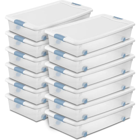 12-Pack Latching Box, Under Bed Storage Bins with Lids, Clear Plastic, 56 Quart