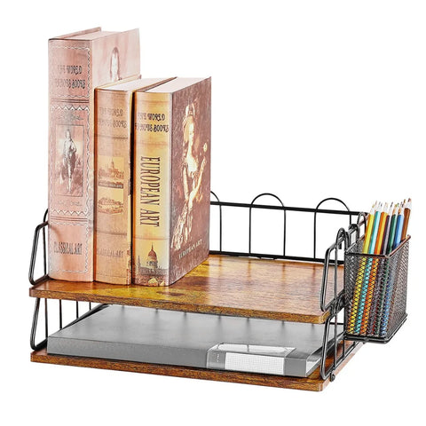Desktop organizer and accessories, vintage wooden desktop file organizer with drawers and 2 school home office supplies
