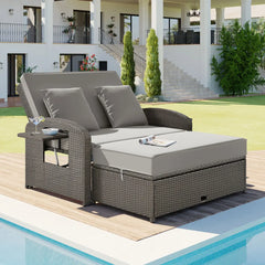 PE Wicker Rattan Double Chaise Lounge, 2-Person Reclining Daybed with Adjustable Back and Cushions, Free Furniture Protection