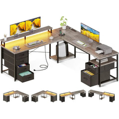 66" L Shaped Desk, 113" Computer Desk with File Cabinet & 4 Fabric Drawers, Home Office Desk with Monitor Shelf & Power Outlet