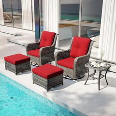 5 Piece Outdoor Patio Furniture Set Wicker Conversation Bistro Set Swivel Rocking Chairs with Side Table & Ottomans for Backyard