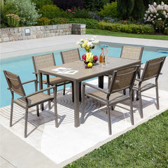 7 Piece Patio Dining Set, with Weather Resistant Table and 6 Stackable Textilene Chairs for Garden, Outdoor Furniture Set