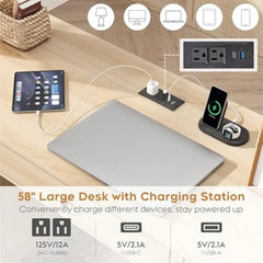 58'' Wood Executive Desk with 7 Drawers - Modern Natural Rattan Home Office Desks with Charging Station, Large Long Computer