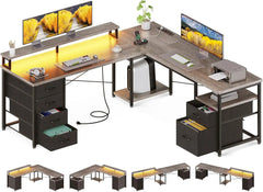 66" L Shaped Desk, 113" Computer Desk with File Cabinet & 4 Fabric Drawers, Home Office Desk with Monitor Shelf & Power Outlet