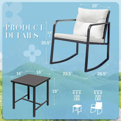 Patio Chairs 3 Piece Wicker Rocking Chair Outdoor Bistro Sets with Coffee Table and Cushions Metal Frame Patio Furniture(White)