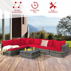 7PCS Patio Rattan Furniture Set Sectional Sofa Garden Red Cushion