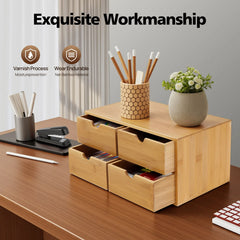 4-Drawer Minimalistic Bamboo Desk Organizer - Spacious Tabletop Storage for Office & Home