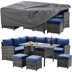 Patio Furniture Set with Cover, 7 Pieces Outdoor Sectional Sofa Conversation Set All Weather Wicker Rattan Couch Dining