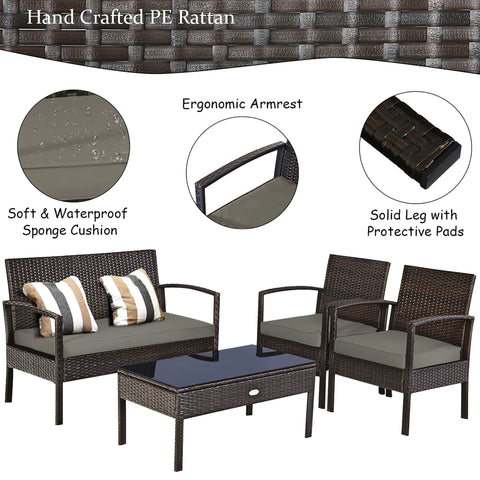 4pcs Patio Rattan Wicker Furniture Set Loveseat Sofa Cushioned Garden Yard