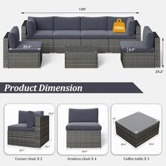 Qsunvivi outdoor 7 piece patio furniture sets all weather Gery PE wicker couch sofa with glass table, removable Dark Grey CUSO