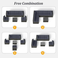 Qsunvivi outdoor 7 piece patio furniture sets all weather Gery PE wicker couch sofa with glass table, removable Dark Grey CUSO