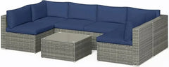 Qsunvivi outdoor 7 piece patio furniture sets all weather Gery PE wicker couch sofa with glass table, removable Dark Grey CUSO