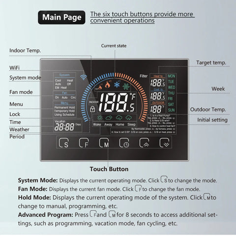 WiFi Smart Heat Pump Room Thermostat Temperature Controller 4.8 Inch Color LCD Screen Programmable Touch Control/ Mobile APP