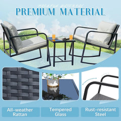 Patio Chairs 3 Piece Wicker Rocking Chair Outdoor Bistro Sets with Coffee Table and Cushions Metal Frame Patio Furniture(White)