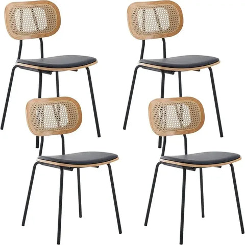 Dining Chair Set of 4 with Rattan Backrest, Wooden Legs, PU Leather Armless Guest Side Chairs, Mid-Century Dining Chair