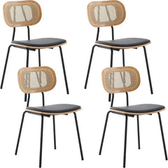 Dining Chair Set of 4 with Rattan Backrest, Wooden Legs, PU Leather Armless Guest Side Chairs, Mid-Century Dining Chair