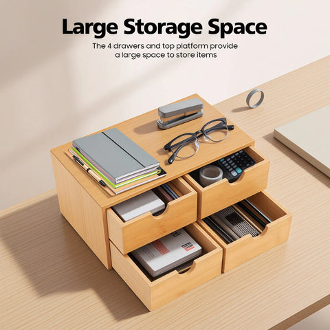 4-Drawer Minimalistic Bamboo Desk Organizer - Spacious Tabletop Storage for Office & Home