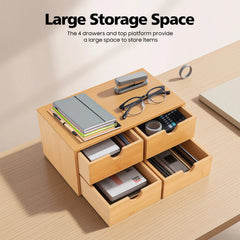 4-Drawer Minimalistic Bamboo Desk Organizer - Spacious Tabletop Storage for Office & Home