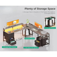 66" L Shaped Desk, 113" Computer Desk with File Cabinet & 4 Fabric Drawers, Home Office Desk with Monitor Shelf & Power Outlet