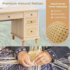 58'' Wood Executive Desk with 7 Drawers - Modern Natural Rattan Home Office Desks with Charging Station, Large Long Computer