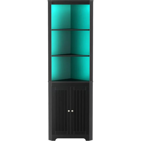 Corner Shelf with LED Light – 5-Tier Tall Storage Cabinet with Doors