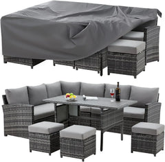 Patio Furniture Set with Cover, 7 Pieces Outdoor Sectional Sofa Conversation Set All Weather Wicker Rattan Couch Dining