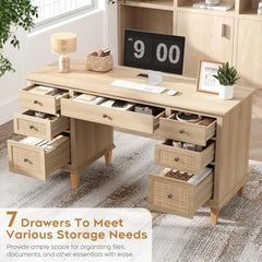58'' Wood Executive Desk with 7 Drawers - Modern Natural Rattan Home Office Desks with Charging Station, Large Long Computer