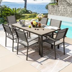 7 Piece Patio Dining Set, with Weather Resistant Table and 6 Stackable Textilene Chairs for Garden, Outdoor Furniture Set