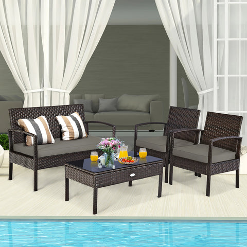 4pcs Patio Rattan Wicker Furniture Set Loveseat Sofa Cushioned Garden Yard