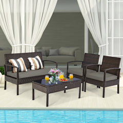 4pcs Patio Rattan Wicker Furniture Set Loveseat Sofa Cushioned Garden Yard