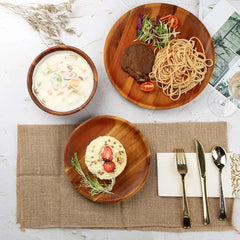 12pcs Acacia Wood Dinnerware Set Includes Plates Bowls Lightweight Sturdy Eco-Friendly Tableware Perfect Gift Box Dining Table