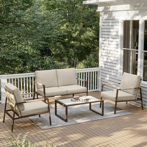 4-Piece Patio Conversation Set, Waterproof Outdoor Furniture Set with Thick Cushion, Patio Furniture Set for 4, Woven Armrests