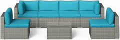 Qsunvivi outdoor 7 piece patio furniture sets all weather Gery PE wicker couch sofa with glass table, removable Dark Grey CUSO