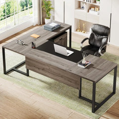 70.8" L-Shaped Executive Desk with Drawer Cabinet, Large Executive Office Desk with Separate File Cabinet, Home Office Desk