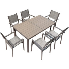 7 Piece Patio Dining Set, with Weather Resistant Table and 6 Stackable Textilene Chairs for Garden, Outdoor Furniture Set