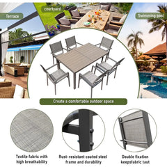 7 Piece Patio Dining Set, with Weather Resistant Table and 6 Stackable Textilene Chairs for Garden, Outdoor Furniture Set