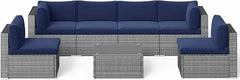 Qsunvivi outdoor 7 piece patio furniture sets all weather Gery PE wicker couch sofa with glass table, removable Dark Grey CUSO