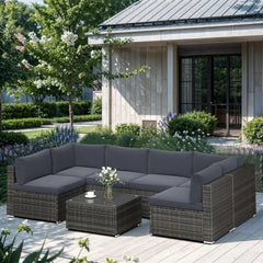 Qsunvivi outdoor 7 piece patio furniture sets all weather Gery PE wicker couch sofa with glass table, removable Dark Grey CUSO
