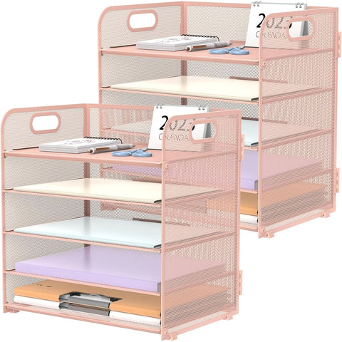 2 Pack 5-Tier Pink Desk Organizer with Handle Mesh Desk File/Paper Organizer Letter Tray for Office, and Home Easy Installation